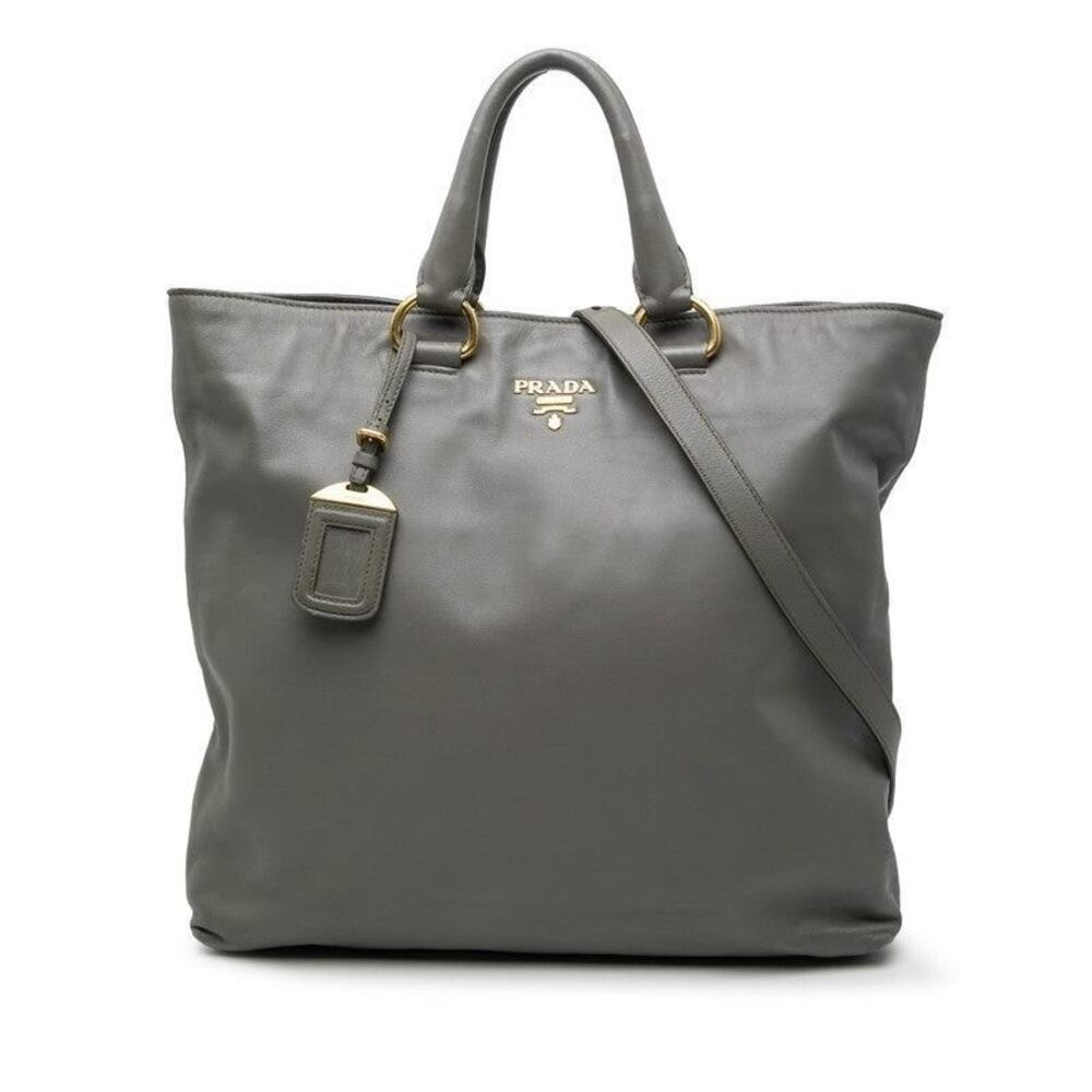 Prada Leather Logo Tote Bag Gray